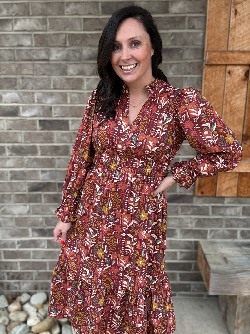 Bugundy Mix Umgee Exclusive Floral Midi Dress with Smocked Waist