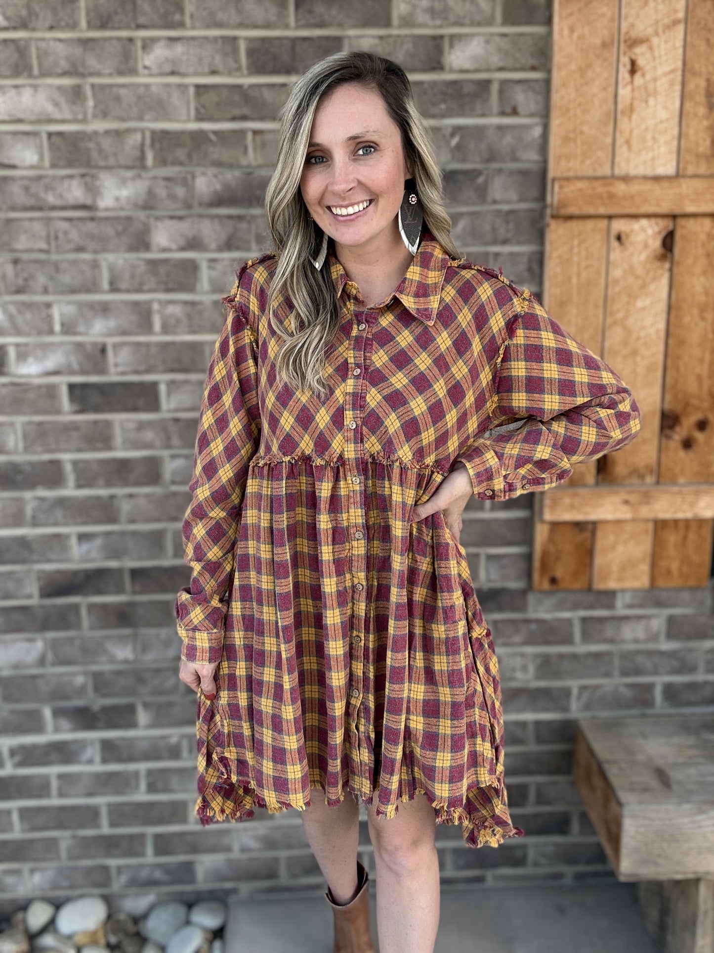 3795- Burgundy Combo Mineral Wash Back Tiered Check Plaid Tunic Dress