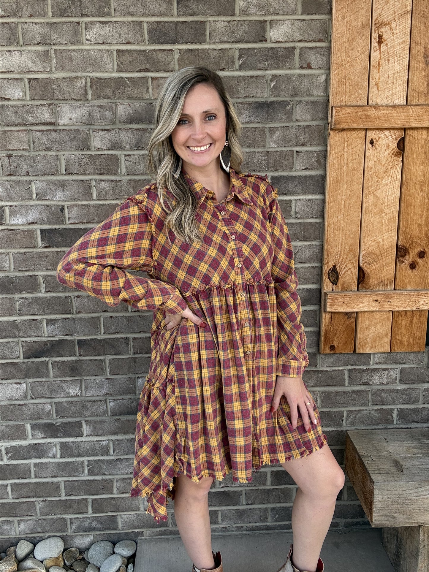 3795- Burgundy Combo Mineral Wash Back Tiered Check Plaid Tunic Dress