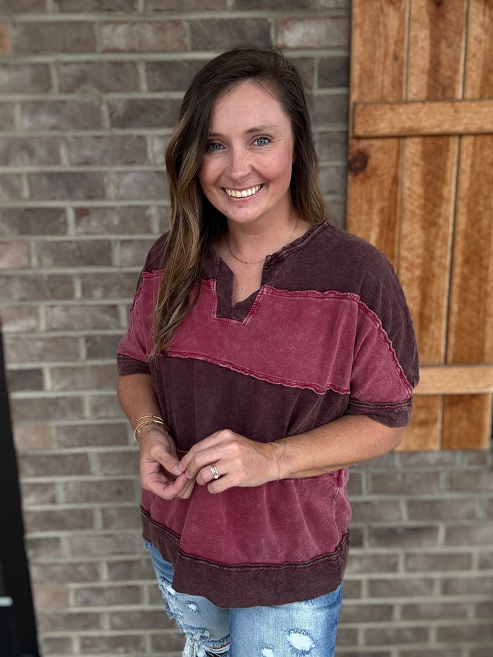 Burgundy Mineral Washed V-Neck Striped Contrast Shirt by J. Her
