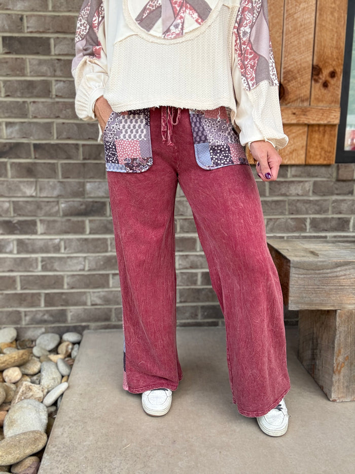 Burgundy Patched Material Pants by J. Her