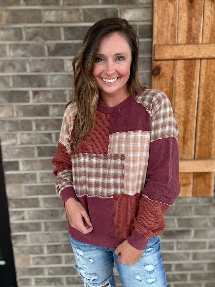 Burgundy Patchwork Mineral Washed Pullover by Easel