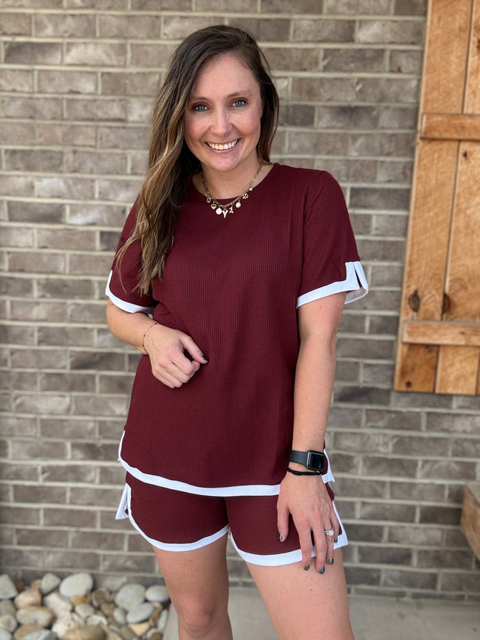 Burgundy Waffle w/ White Trim Lounge Set