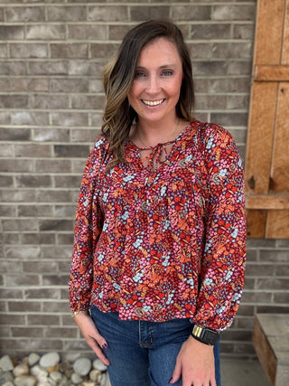 Burgundy Floral Print Peasant Blouse by Haptics