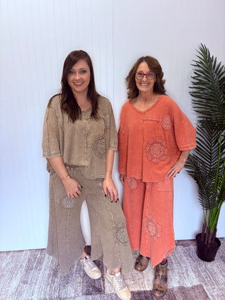 Faded Olive Crochet Patch Mineral Washed Thermal Top by Easel