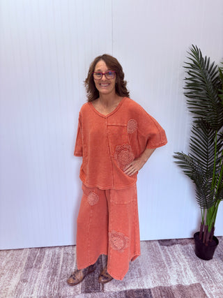 Burnt Orange Crochet Patch Mineral Washed Thermal Top