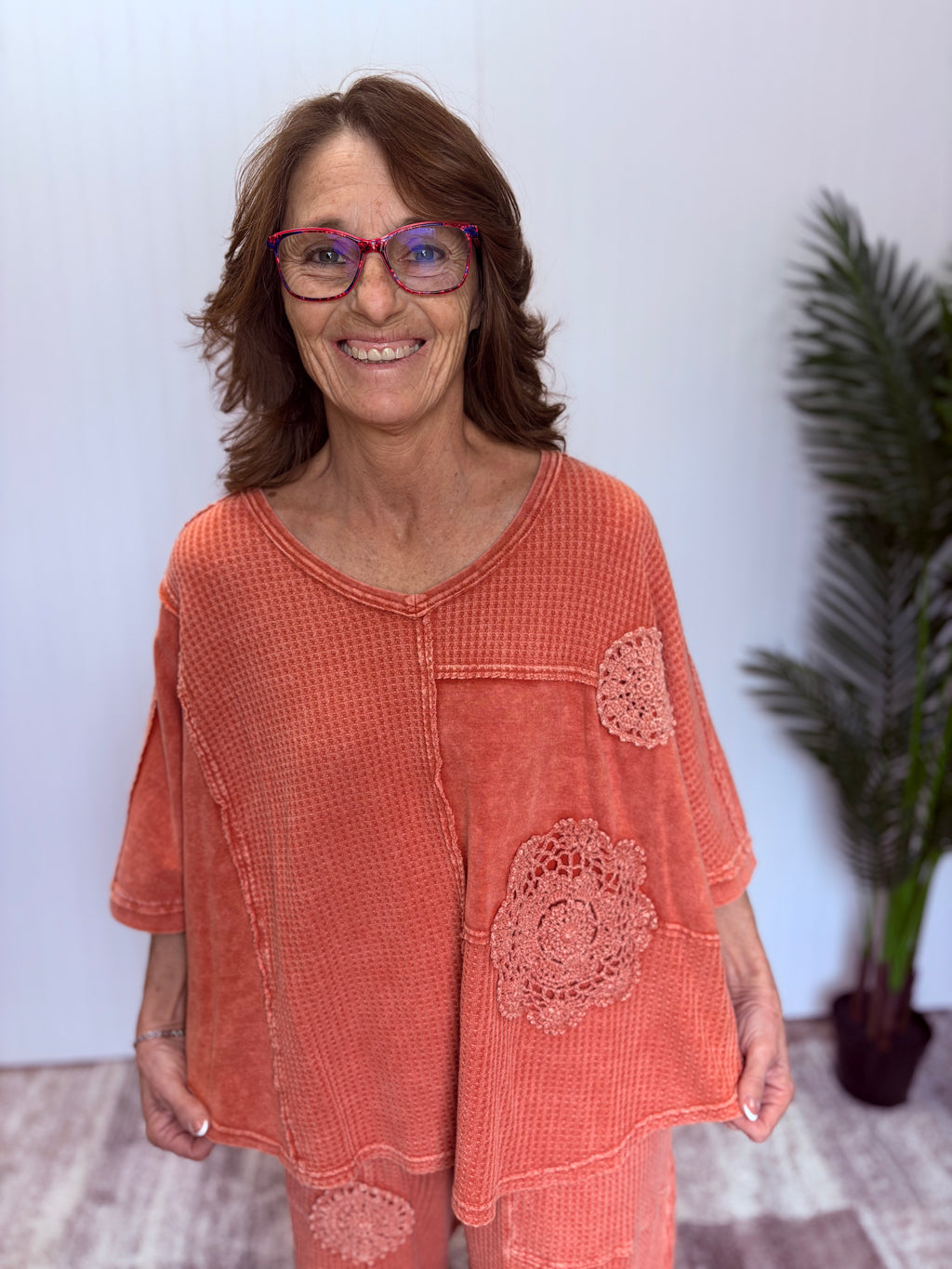 Burnt Orange Crochet Patch Mineral Washed Thermal Top – Brumleys ...