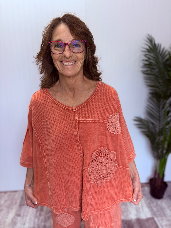Burnt Orange Crochet Patch Mineral Washed Thermal Top