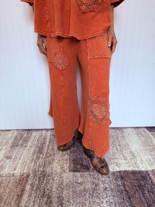 Burnt Orange Crochet Patch Thermal Wide Leg Pants by Easel