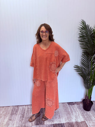Burnt Orange Crochet Patch Thermal Wide Leg Pants by Easel