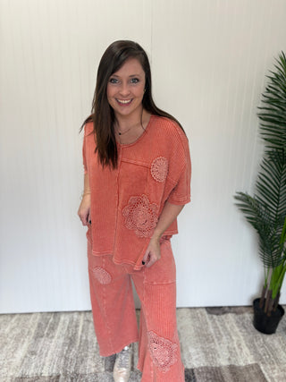 Burnt Orange Crochet Patch Thermal Wide Leg Pants by Easel