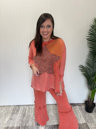 Burnt Orange Star Patch Mix Washed Terry Wide Leg Pants by Easel