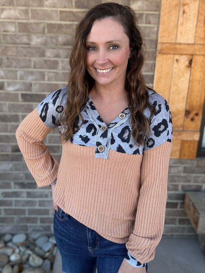 Butter Orange Waffle Long Sleeve Top w/ Leopard Detail