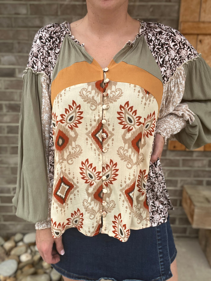 2698- Natural Color Mixed Boho Print Button Down Long Sleeve Blouse