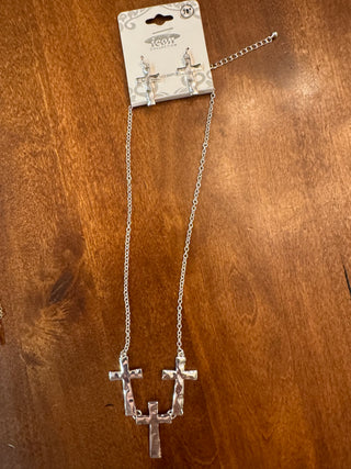 Silver Three Cross Necklace/Matching Earrings