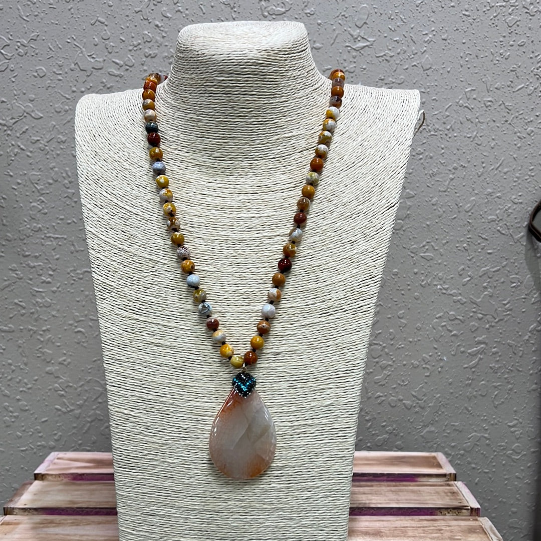 617- Orange Mix Stone Beaded Necklace w/ Orange Stone Pendant