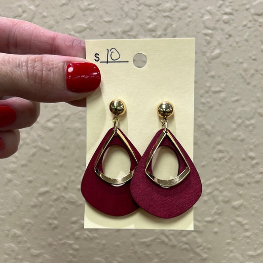 484- Maroon Wooded Earrings w/ Gold Detail