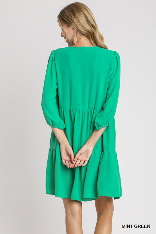 2013- Mint Green V-Neck Tiered Long Sleeve Dress