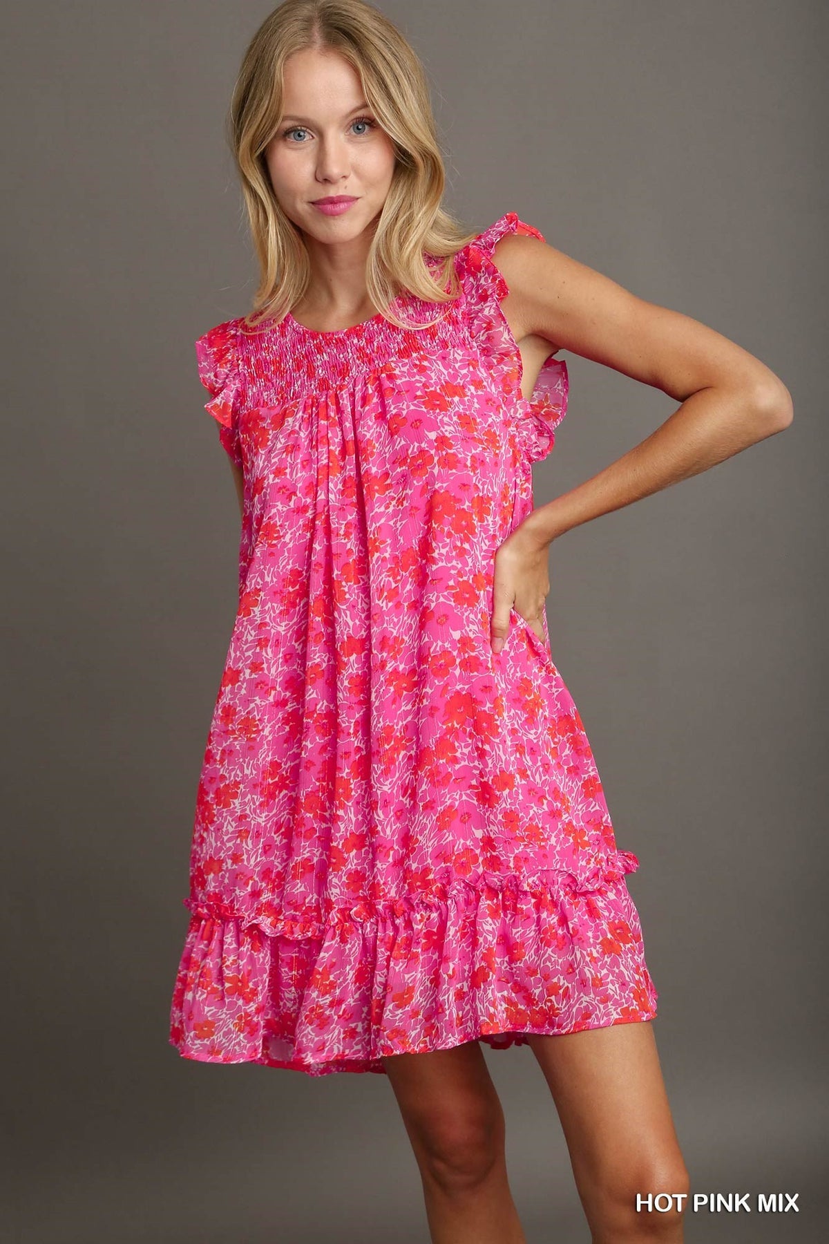 2014-  Hot Pink Mix Floral Metallic Ruffle Sleeve Dress