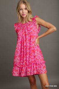 2014-  Hot Pink Mix Floral Metallic Ruffle Sleeve Dress