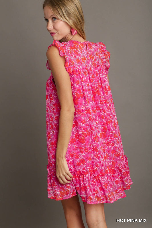 2014-  Hot Pink Mix Floral Metallic Ruffle Sleeve Dress