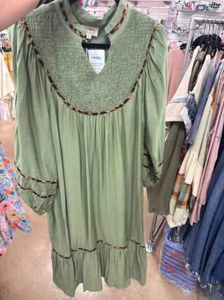 Green Umgee Lined Midi Dress with Bishop Sleeves