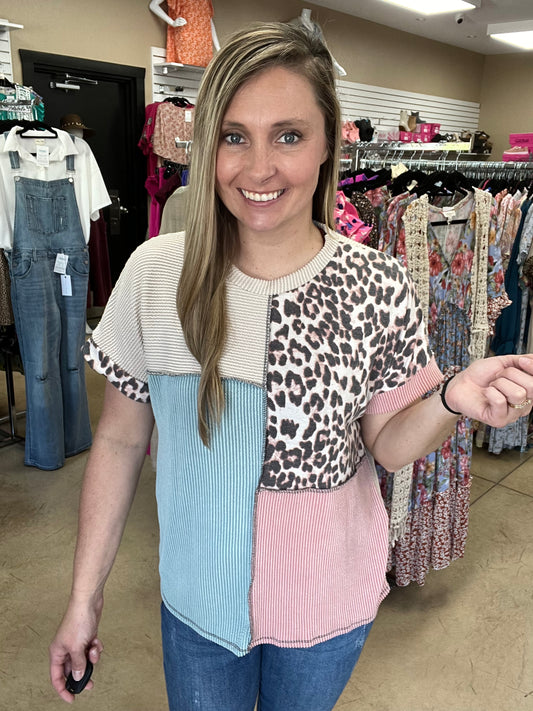 8792- Ivory, Blue, & Mauve Ribbed Leopard Color Block Top