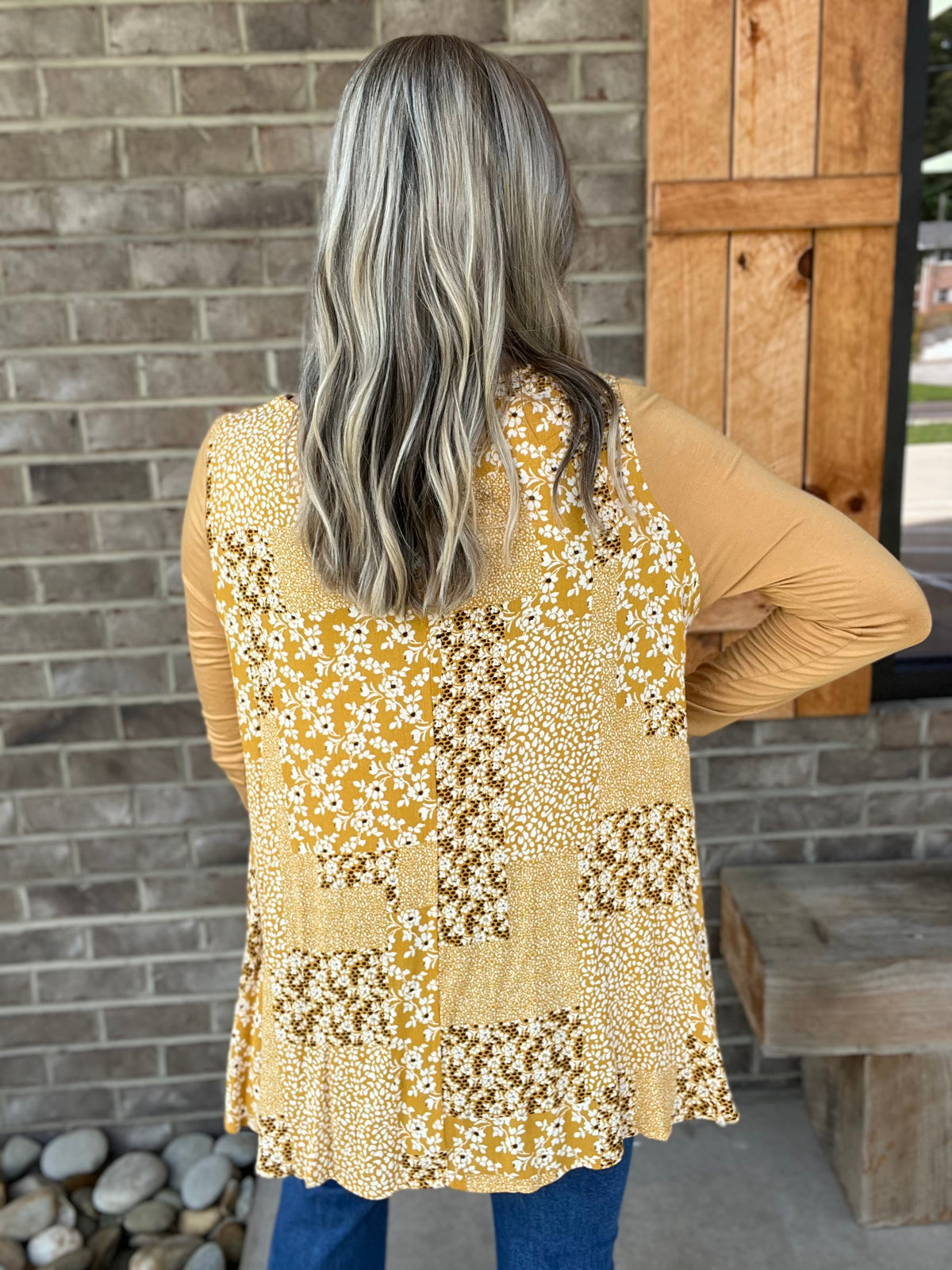 2531- Mustard 3/4 Sleeve Patchwork Shark Bite Hem Long Sleeve Top