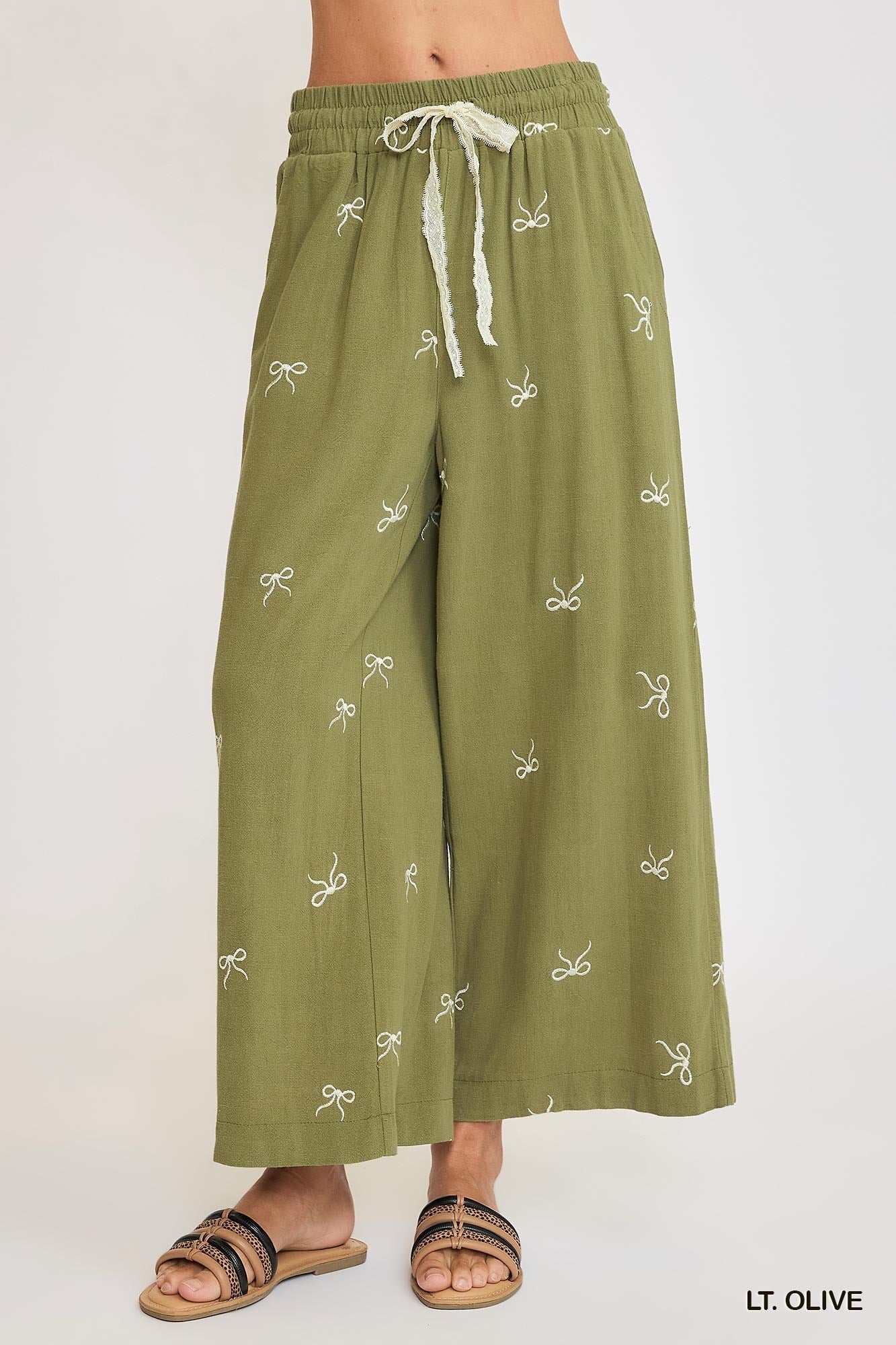 Light Olive Bow Embroidered Linen Pants by Umgee