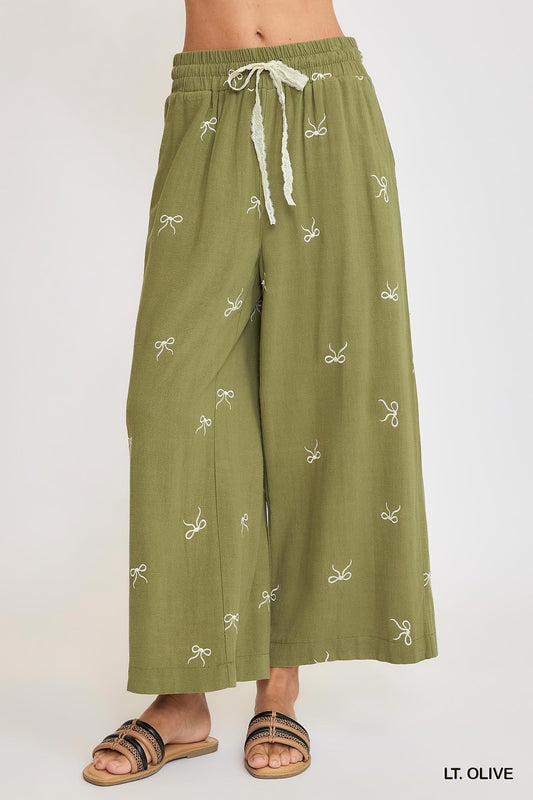 Light Olive Bow Embroidered Linen Pants by Umgee
