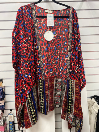 6751- Umgee Red Leopard Print Kimono w/ Blue Detail
