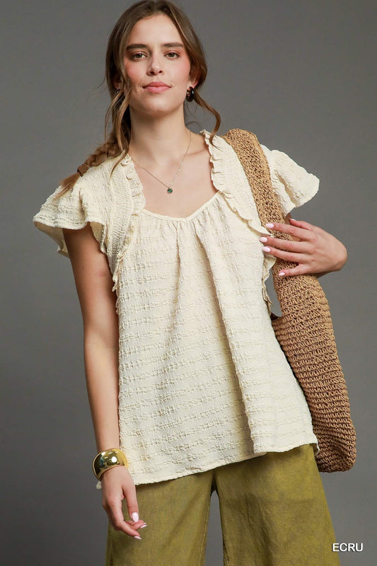 Oatmeal Textured Ruffle Sleeve Blouse by Umgee