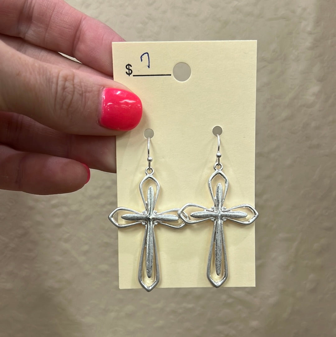 2192- Silver Cross Dangle Earrings