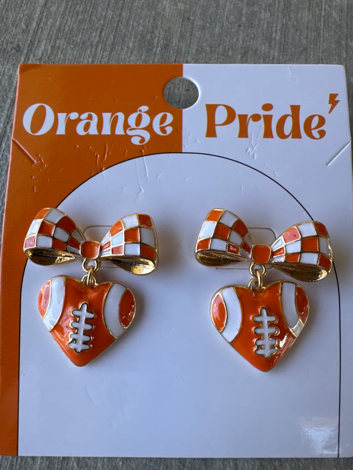 Checkered Bow Orange White Heart Football Earrings
