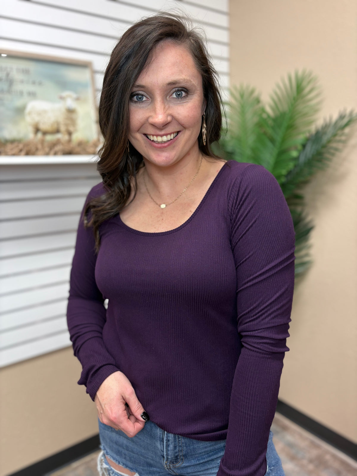 Eggplant Ribbed Long Sleeve Top w/ Thumb Hole