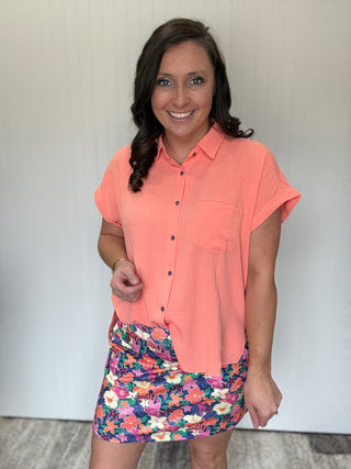 Coral Airflow Button-Down Hi-Low Shirt by Zenana