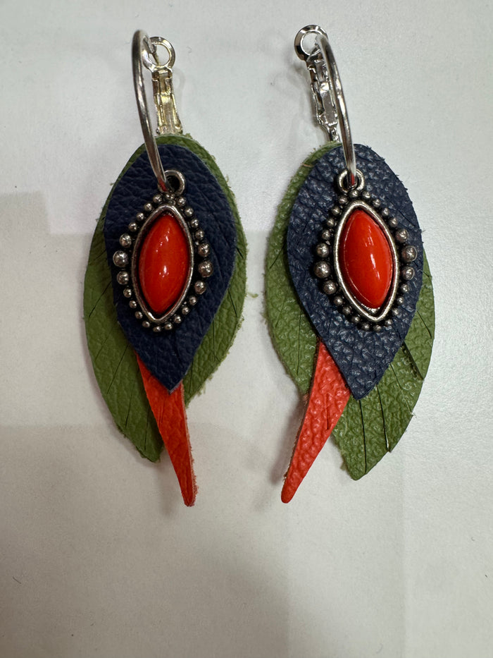 Olive, Orange, Blue Layered Earrings