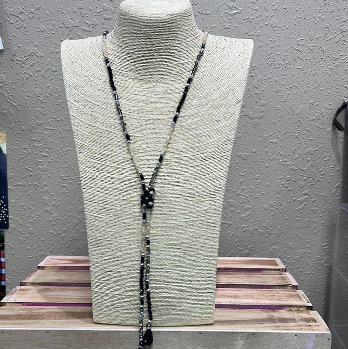 563- Black & Cream Beaded Tie Necklace