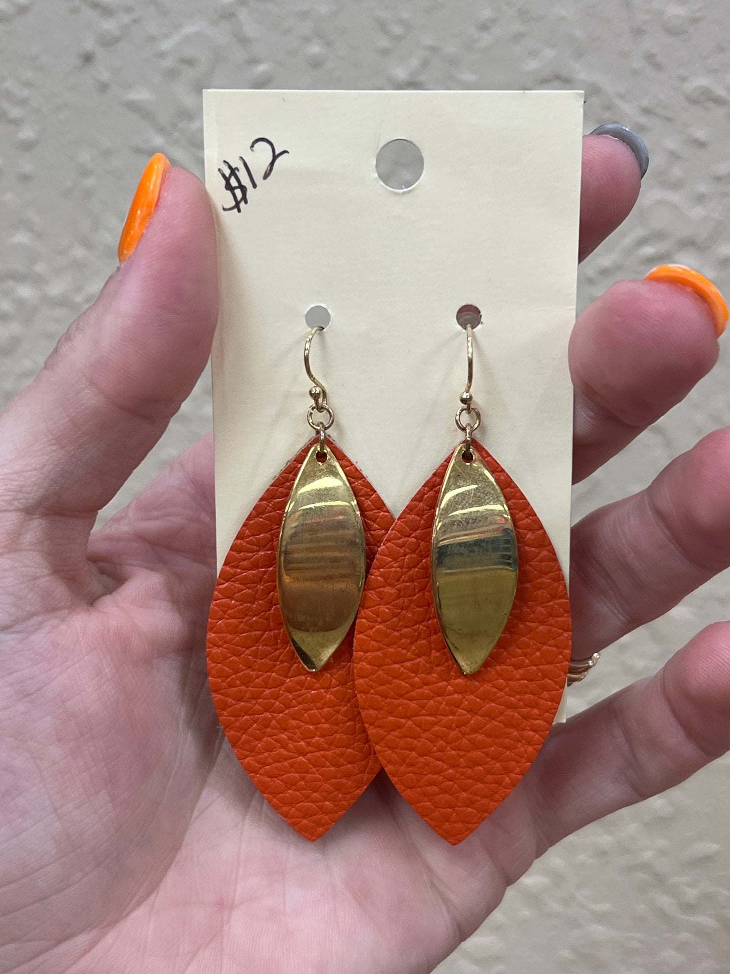 2944- Orange Faux Leather Earrings w/ Gold Pendant *TN COLLECTION*