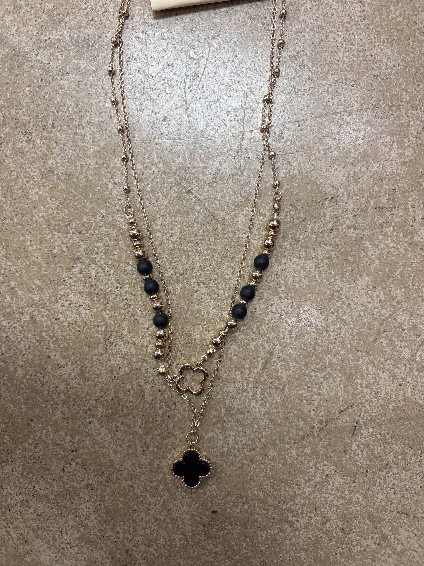 8467- Black w/ Gold Flower Pendant Double Layer Necklace