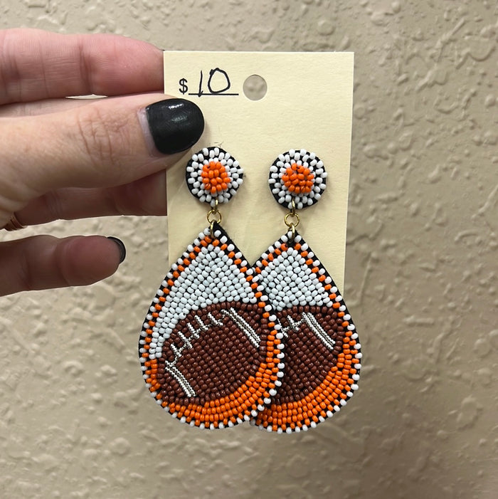 10180- Orange & White Football Beaded Earrings *TN COLLECTION*