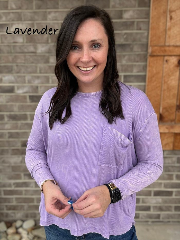 Washed Ribbed Dolman Sleeve Round Neck Top with Pocket by Zenana *MULTIPLE COLORS*