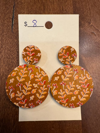 Wood Floral Stem Rust and Cream Earrings