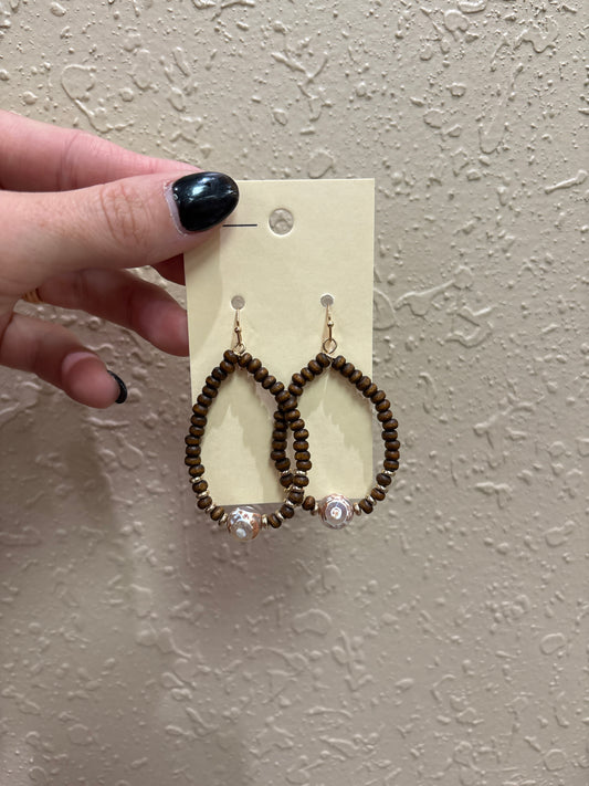 3378- Brown Beaded Earrings w/ Stone Detail