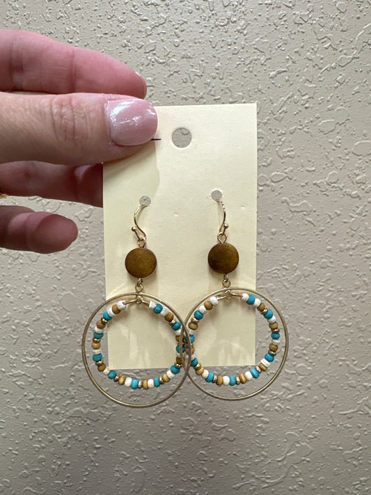 3588- Turquoise & Brown Circle Hoop Earrings