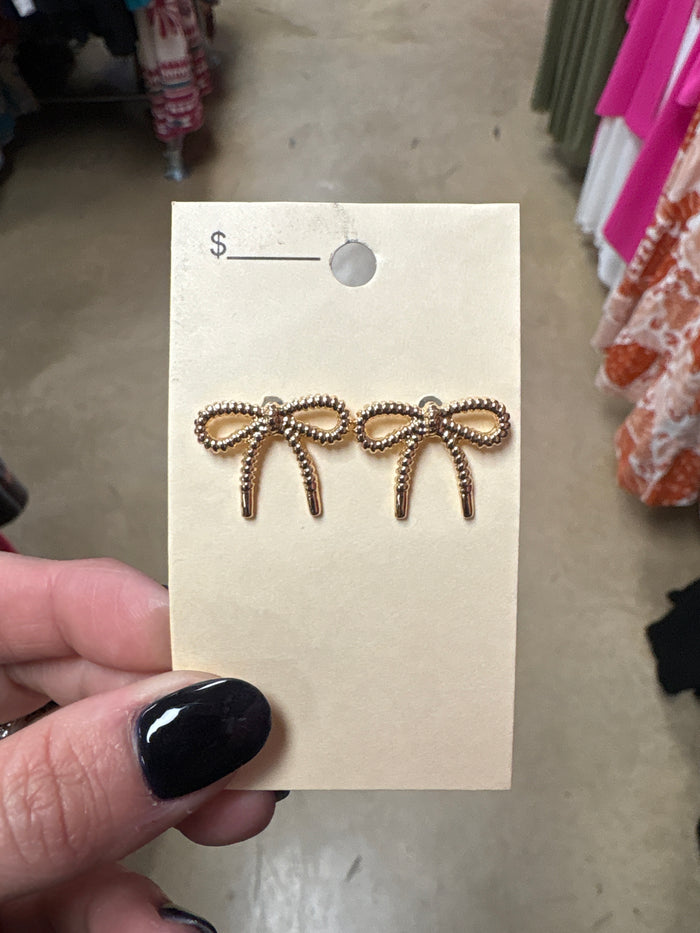 Beaded Gold Stud Bow Earrings