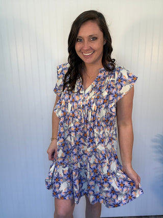 Orange and Blue Floral Pintuck Ruffle Sleeve Dress