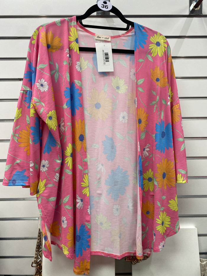 7868- Pink Combo Floral Print Side Slit Cardigan