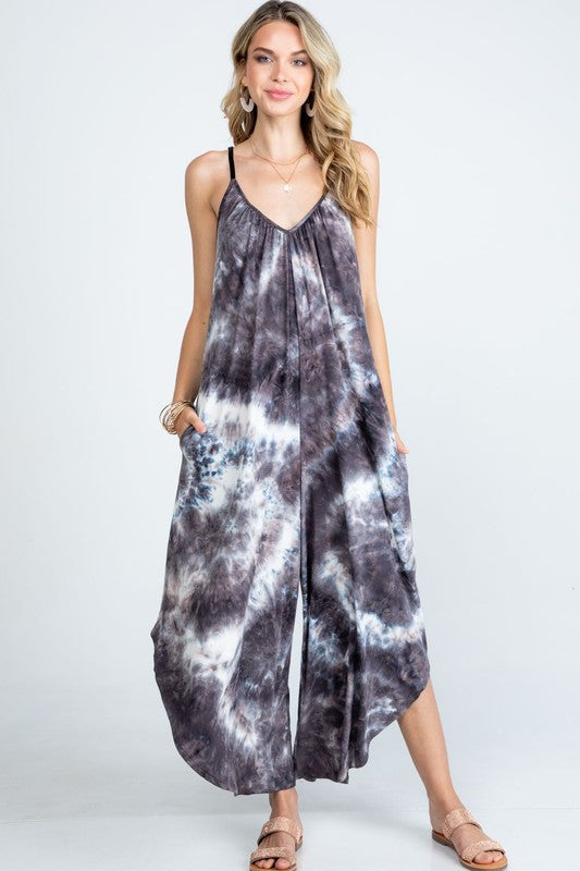 10034- Charcoal Tie Dye Butter Soft Jumpsuit