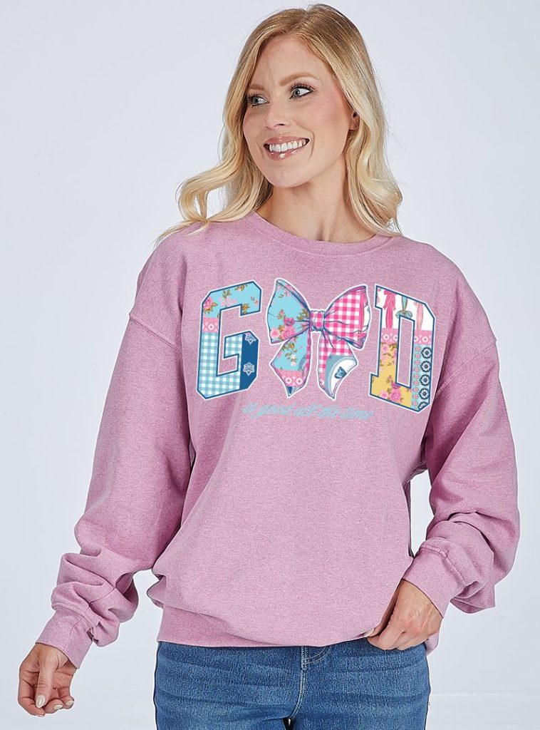 God Is Good All The Time Patchwork Bow Crewneck by Simply Southern